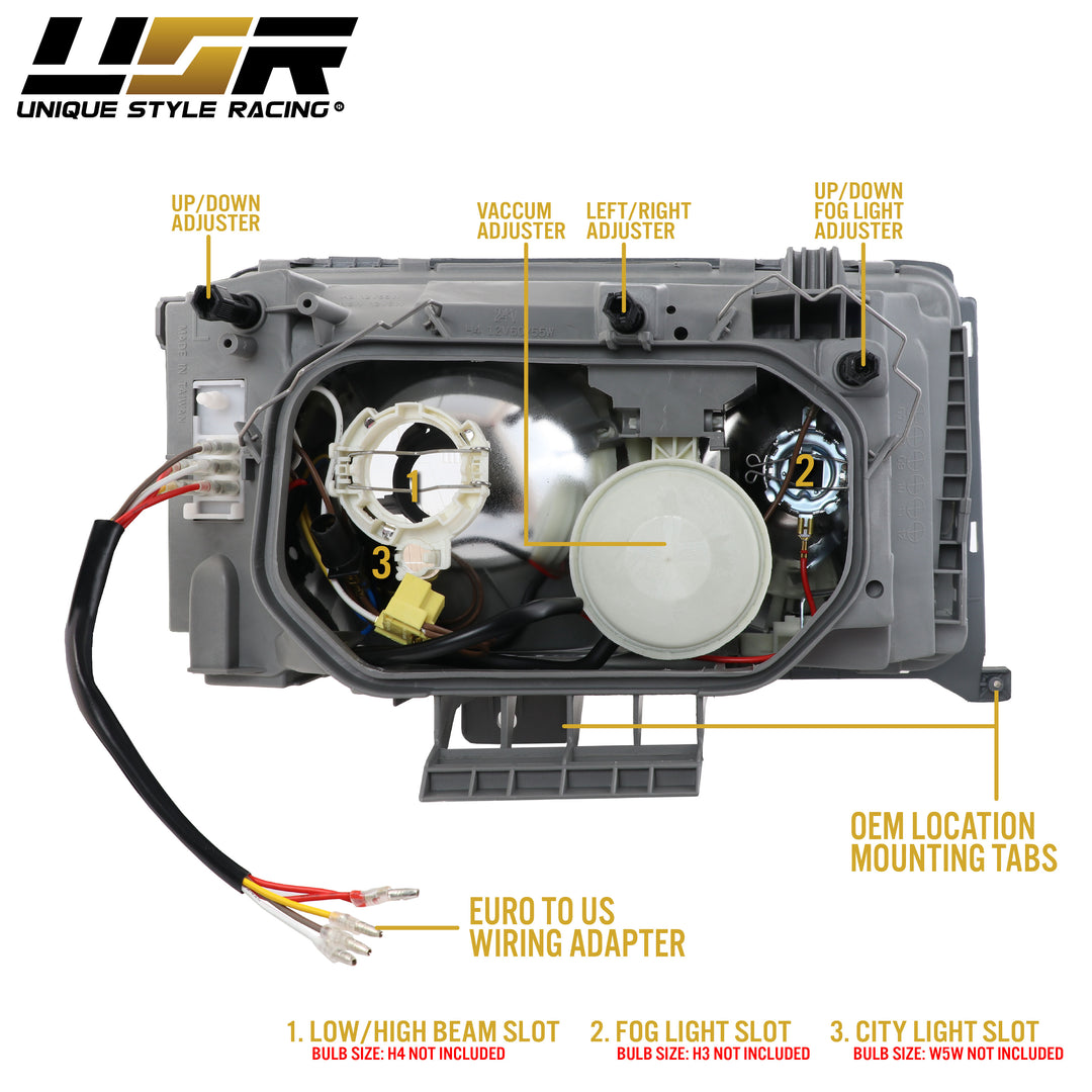 1994-1995 Mercedes Benz E Class W124 EURO GLASS Lens Headlight & Fog Light w/ Optional Corner Light