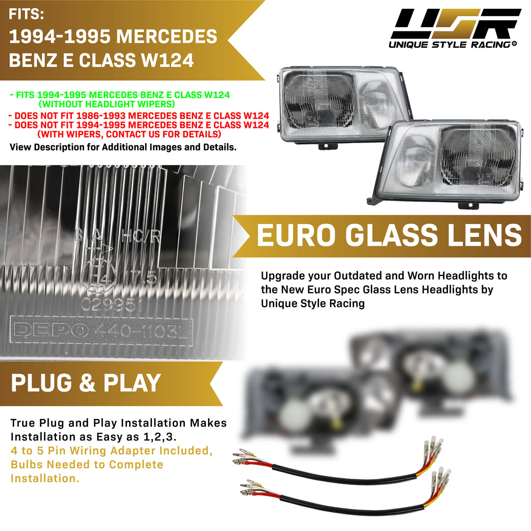1994-1995 Mercedes Benz E Class W124 EURO GLASS Lens Headlight & Fog Light w/ Optional Corner Light