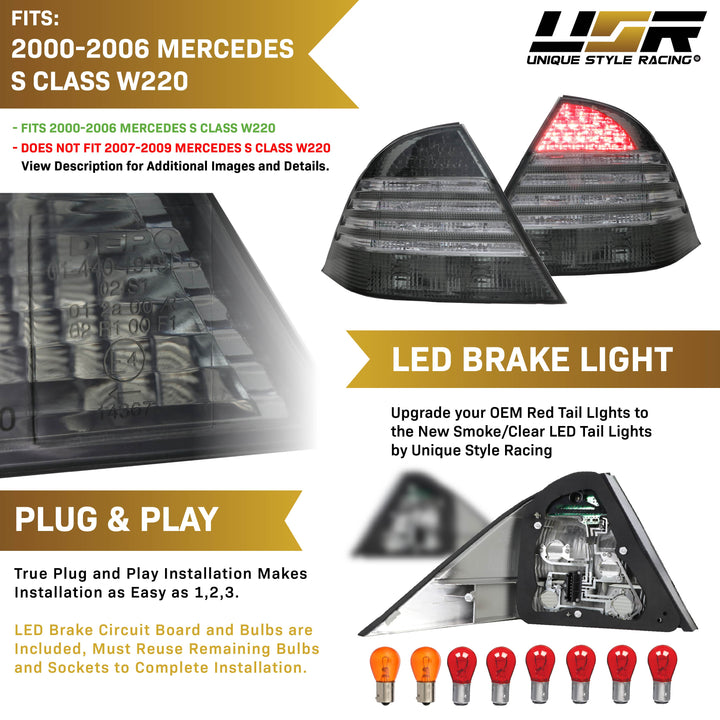 2000-2006 Mercedes S Class W220 Red / Clear or Smoke Lens LED Tail Light
#lens-color_smoke-lens-with-halogen-bulbs