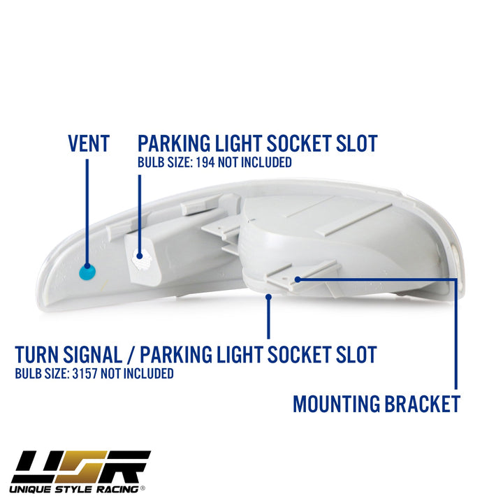 1997 - 2004 Chevrolet Corvette C5 Black Inner Housing Clear or Light Smoke Lens Front Bumper Signal Light
