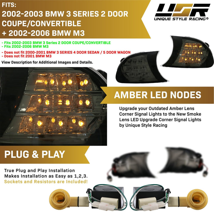 2002-2003 BMW 3 Series E46 2D / Cabrio Screw-On LED Clear or Smoke Lens Corner Signal Light
#color_crystal-smoke-lens-amber-led