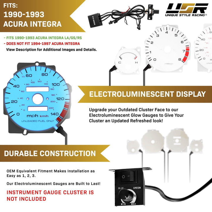 1990 - 1993 Acura Integra LS/RS/GS White Face Blue/Green Glow Gauge Face for Instrument Cluster