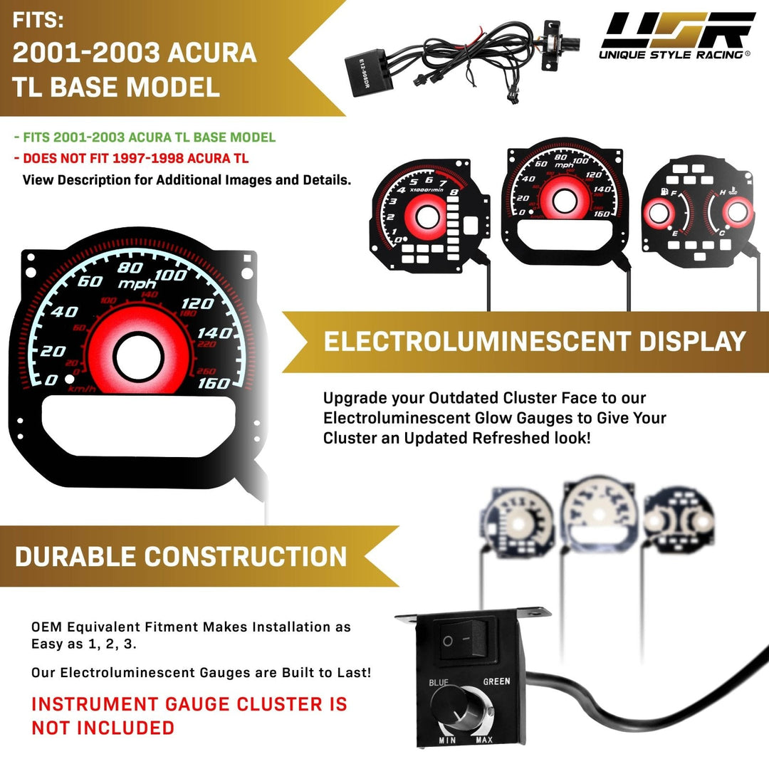 2001 - 2003 Acura TL Black Gauge Face Red Glow Gauge