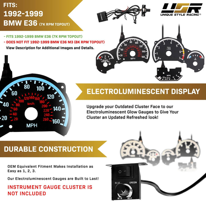 1992-1999 BMW E36 3 Series E92 M3 Style Black Gauge Face Red Glow Gauge