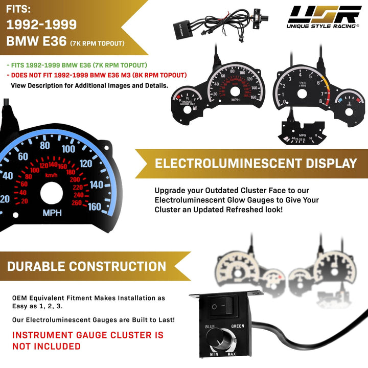 1994-1999 BMW E36 M3 3 Series E92 Style Black Gauge Face White Glow Gauge