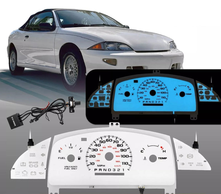 1995 - 1999 Chevrolet Chevy Cavalier WITHOUT Tach/RPM White Face Blue/Green Glow Gauge Face for Instrument Cluster