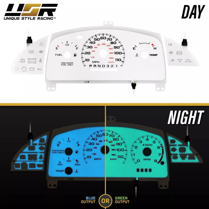 1995 - 1999 Chevrolet Chevy Cavalier WITHOUT Tach/RPM White Face Blue/Green Glow Gauge Face for Instrument Cluster