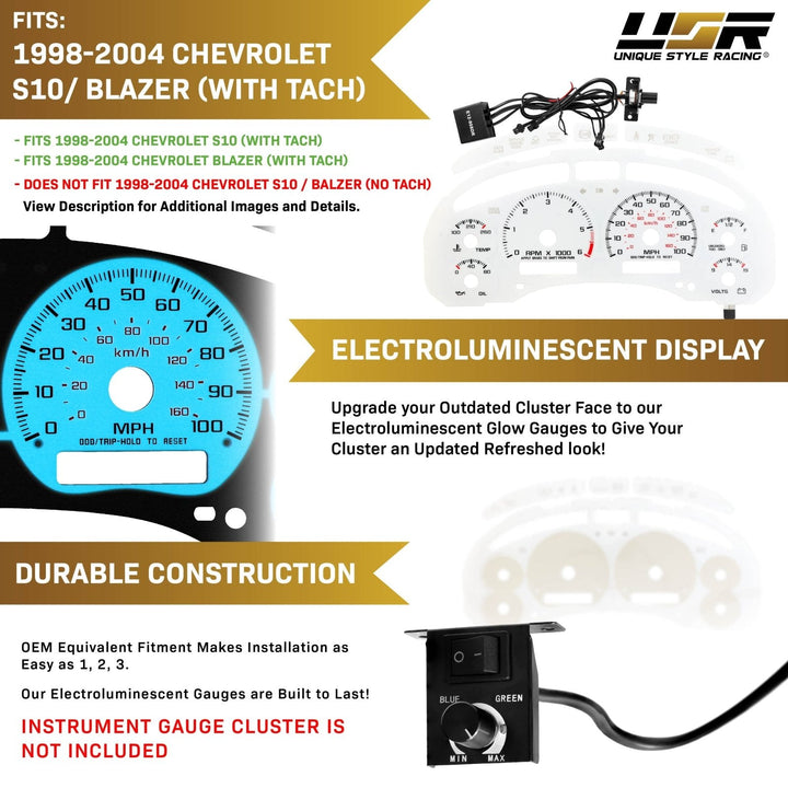 1998 - 2004 Chevrolet Chevy S10 WITH Tach/RPM White Face Blue/Green Glow Gauge Face for Instrument Cluster