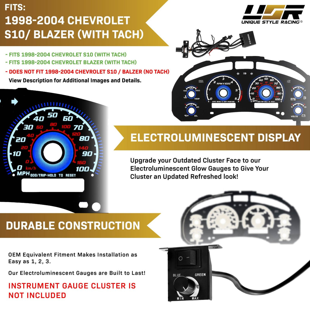 1998 - 2004 Chevrolet Chevy S10 & Blazer WITH Tach/RPM Black Gauge Face Blue Glow for Instrument Cluster