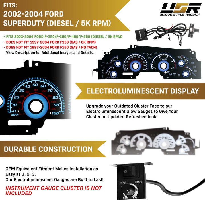 2002 - 2004 Ford F - 250 / F - 350 / F - 450 / F - 550 Super Duty Diesel Black Gauge Face Blue Glow Gauge for Instrument Cluster