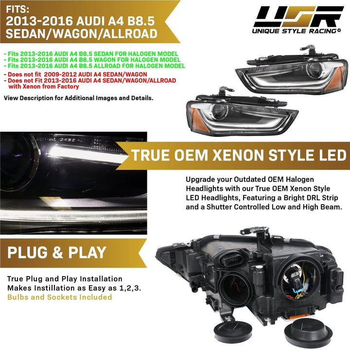 2013 - 2016 Audi A4 B8 Sedan / Wagon Black Housing LED DRL S4 Projector Style Headlights