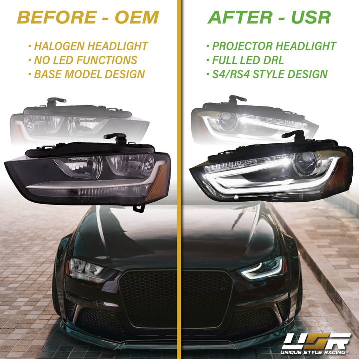 2013 - 2016 Audi A4 B8 Sedan / Wagon Black Housing LED DRL S4 Projector Style Headlights