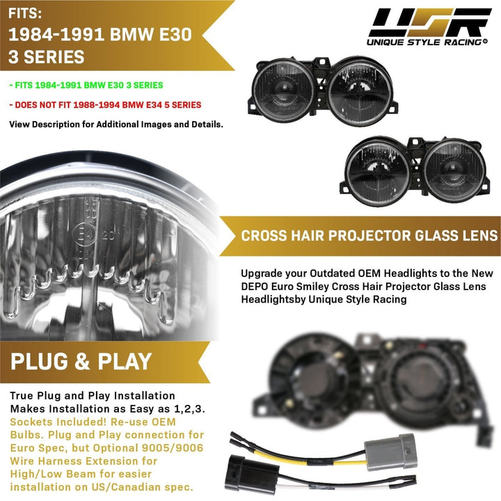 1984 - 1991 BMW E30 3 Series Euro Smiley Cross Hair Projector Glass Lens Headlights