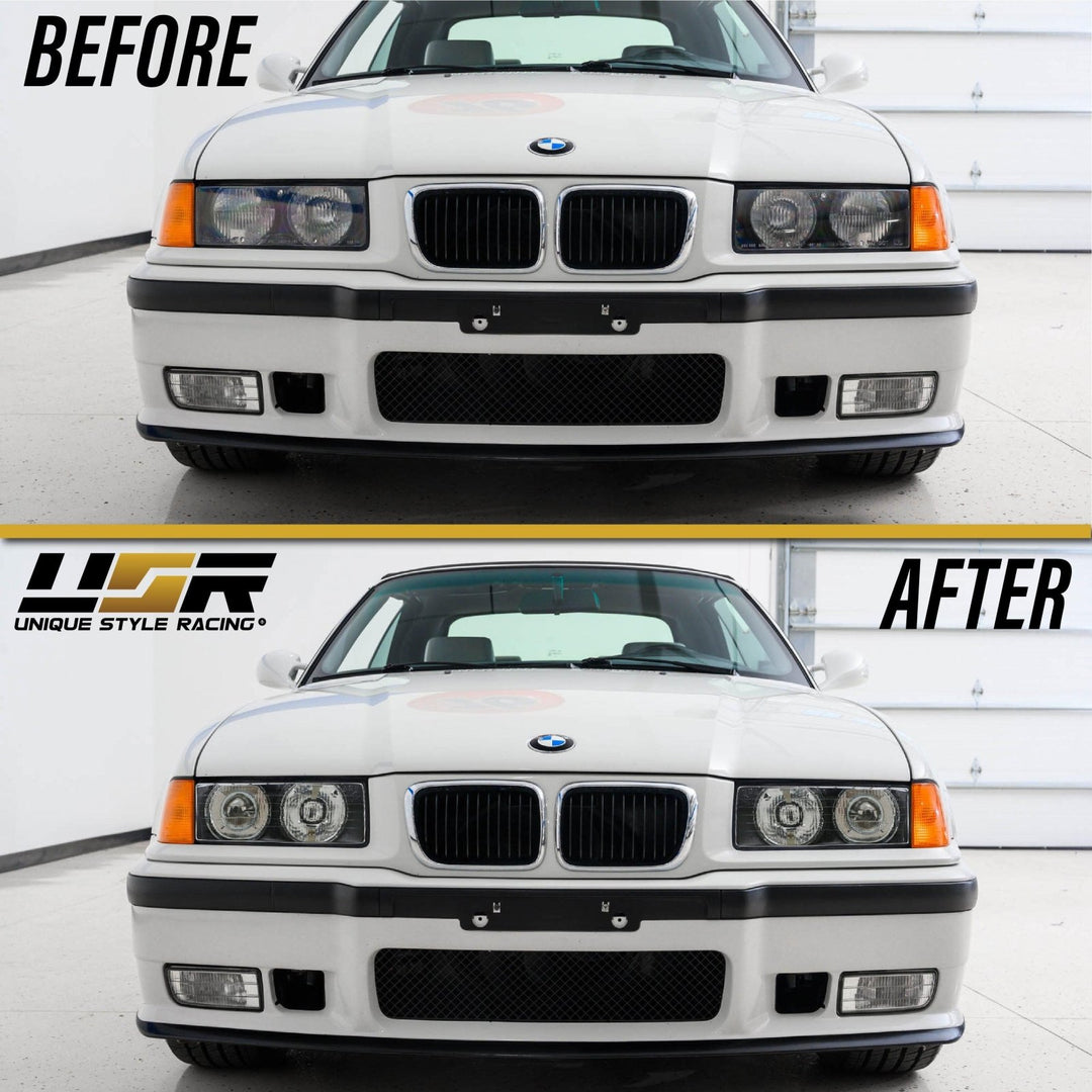 1992 - 1999 BMW E36 3 Series Hella Euro Ellipsoid GLASS Lens Projector Headlight with Optional Daytime Visible UHP LED Angel Eye Halo Rings
