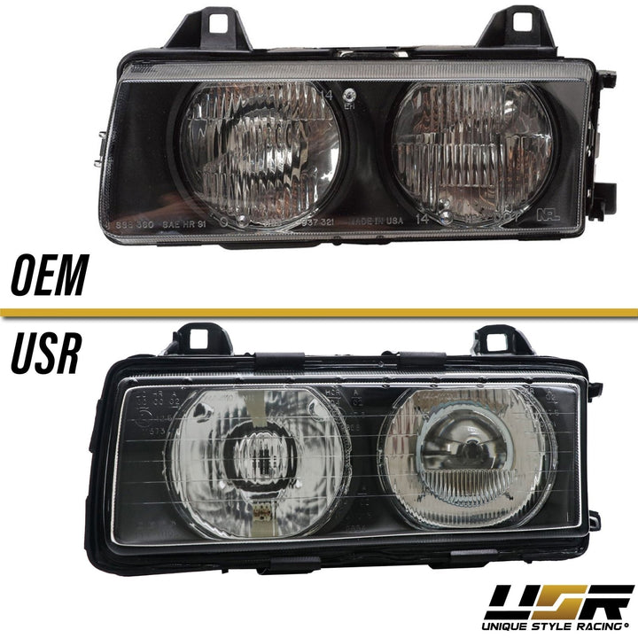 1992 - 1999 BMW E36 3 Series Hella Euro Ellipsoid GLASS Lens Projector Headlight with Optional Daytime Visible UHP LED Angel Eye Halo Rings