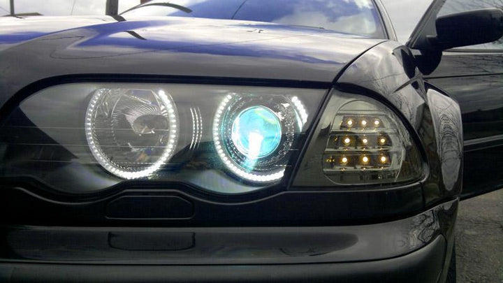 1992 - 2001 BMW 3 Series E46 4D Sedan / 5D Wagon Angel Eye Projector Headlight with Optional UHP LED Halo Rings For Factory Halogen Models