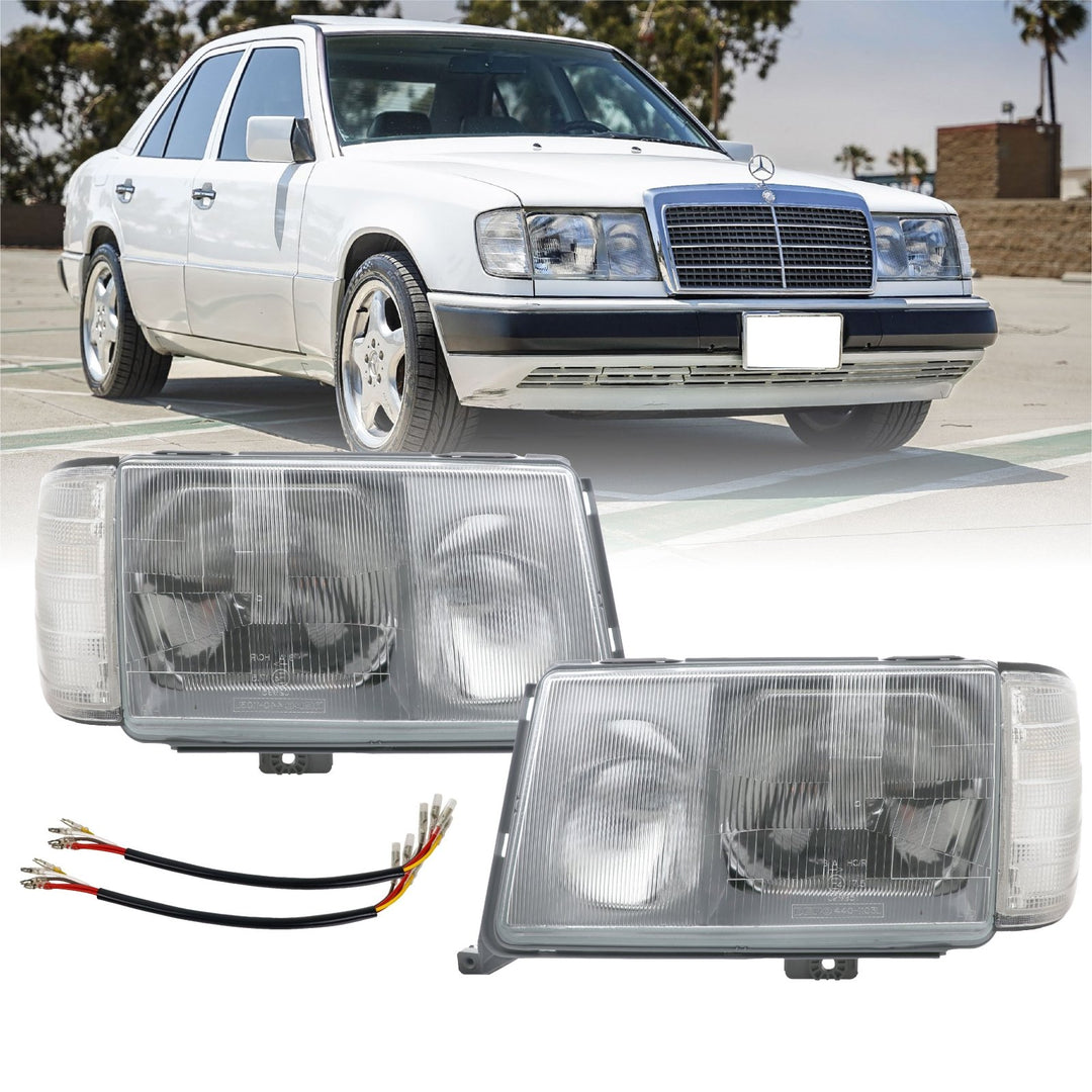 1986 - 1993 Mercedes Benz W124 E Class Euro Headlights with Corner Lights and Wiring Included