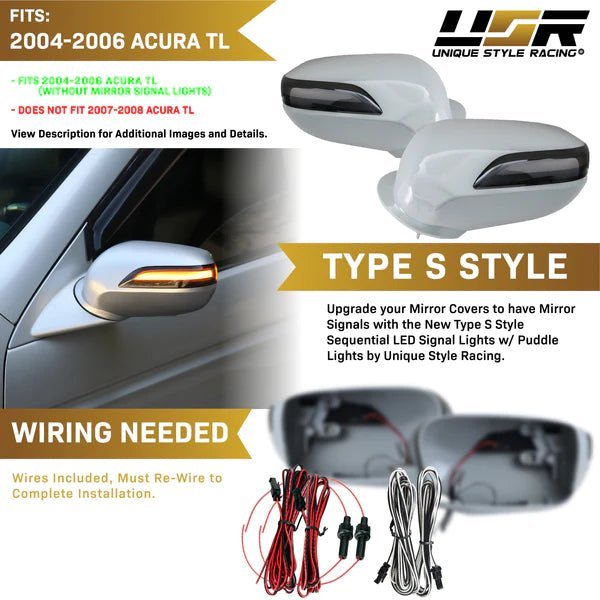2004 - 2006 Acura TL TypeS Style Side Mirror Cover w/ Sequential Amber LED Smoke Lens Turn Signal Upgrade
#optional-items_mirror-cover-with-sequential-led-smoke-lens-turn-signal-and-curtesy-led-puddle-light