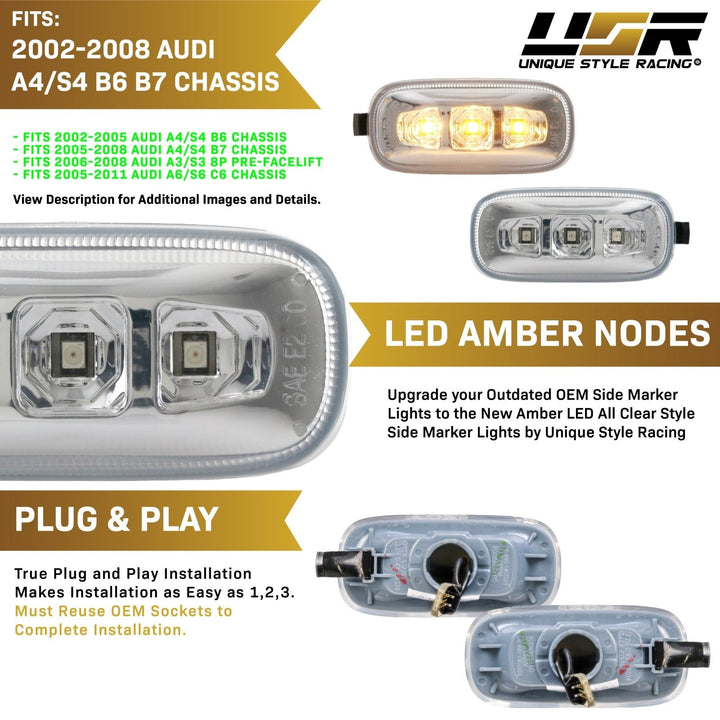 2002 - 2008 Audi A4 S4 B6 B7 / 2006 - 2008 A3 S3 8P / 0211 A6 S6 C5 C6 / 0409 A8 D3 / 0811 TT 8J Crystal Clear or Smoke LED Fender Side Marker Light