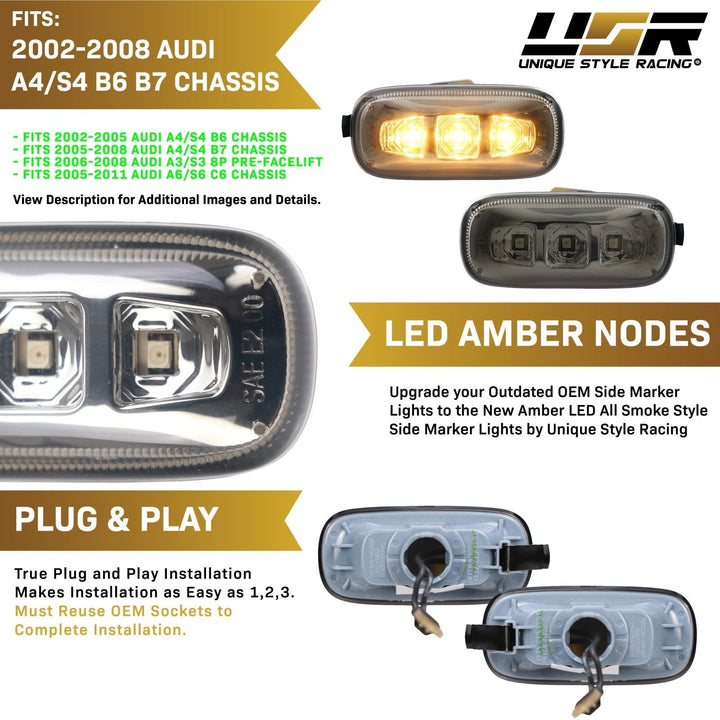 2002 - 2008 Audi A4 S4 B6 B7 / 2006 - 2008 A3 S3 8P / 0211 A6 S6 C5 C6 / 0409 A8 D3 / 0811 TT 8J Crystal Clear or Smoke LED Fender Side Marker Light