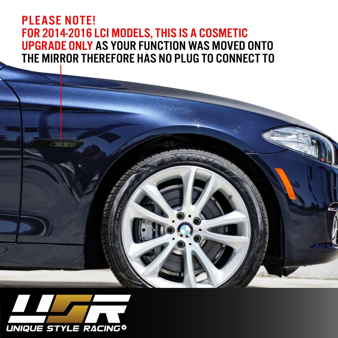 2011 - 2016 BMW 5 Series F10 / F11 Without Park Assist Models Glossy or Matte Black Frame Fender Smoke LED Fender Side Marker Light