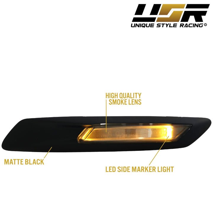 2011 - 2016 BMW 5 Series F10 / F11 Without Park Assist Models Glossy or Matte Black Frame Fender Smoke LED Fender Side Marker Light