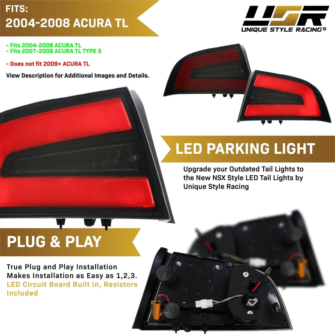 2004 - 2008 Acura TL NSX Style Black Housing Smoke Lens Red Diffuser LED Light Bar Tail Light
