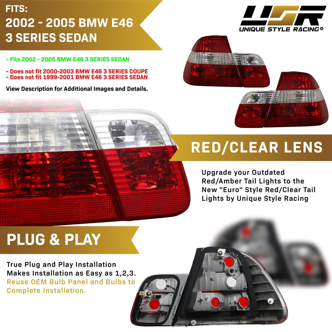 2002-2005 BMW 3 Series E46 4D Sedan Euro OEM Style Red/Clear or Red/Smoke Tail Light
#lens-color_red-clear-lens