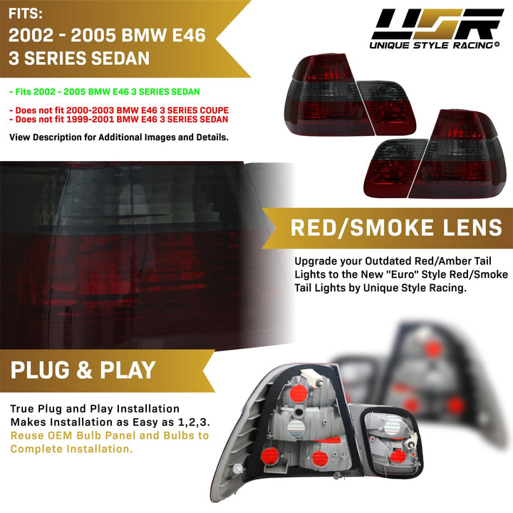 2002-2005 BMW 3 Series E46 4D Sedan Euro OEM Style Red/Clear or Red/Smoke Tail Light
#lens-color_red-smoke-lens