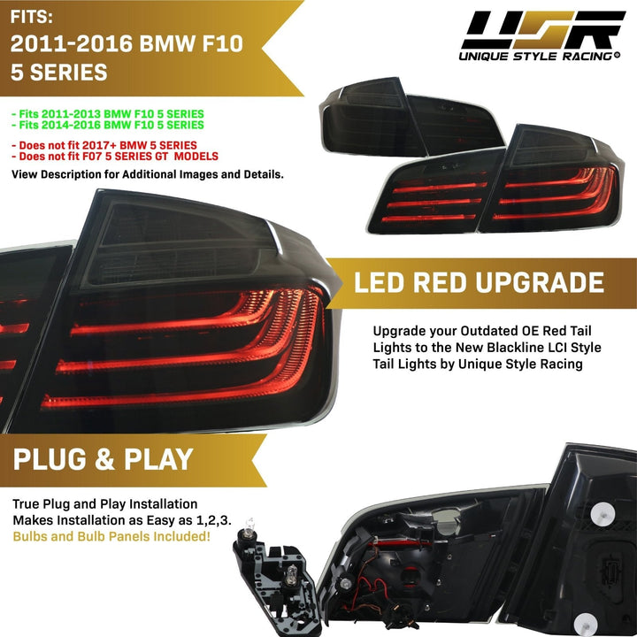 2011 - 2016 BMW F10 5 Series 4D Sedan OEM LCI Blackline Style Smoke Lens LED Tail Light
