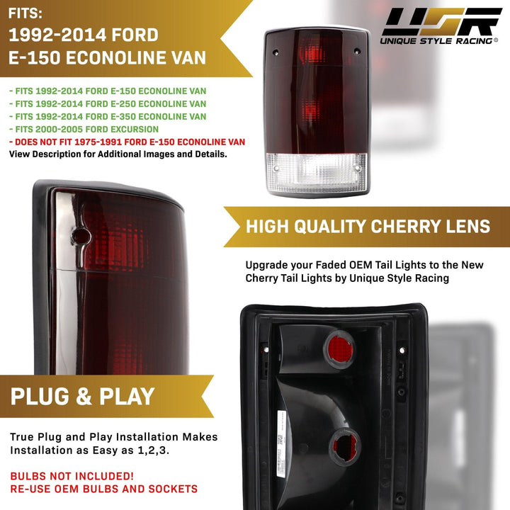 1992 - 2014 Ford Econoline Van E - 150 / E - 250 / E - 350 & 2000 - 2005 Ford Excursion Dark Red Smoke Lens Tail Lights