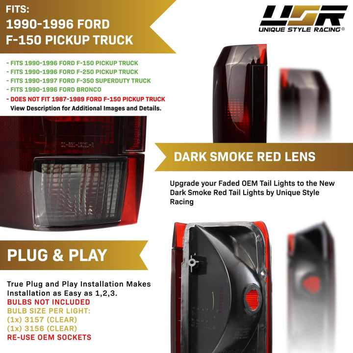 1990-1996 Ford F-150 / F250 / F350 Super Duty Truck & 1990-1996 Bronco Dark Red Smoke Lens Tail Lights