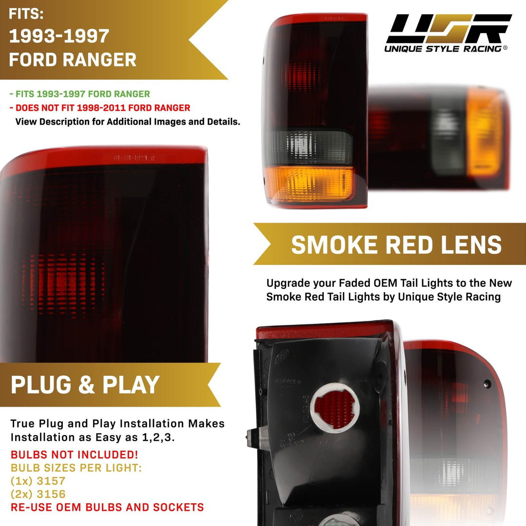 1993-1997 Ford Ranger Pickup Truck Dark Red Smoke Lens Tail Lights