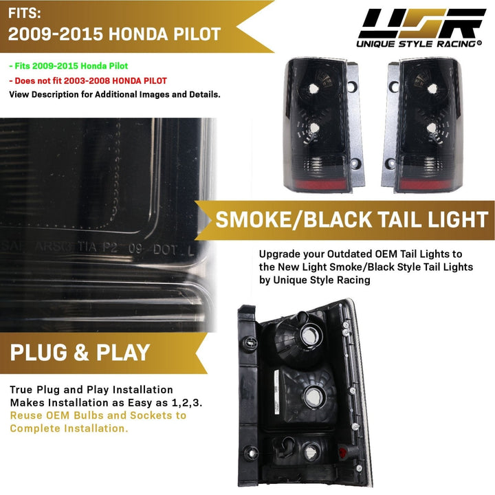2009 - 2015 Honda Pilot Light Smoke Lens Black Chrome Housing Tail Light
#light-source_no-bulbs