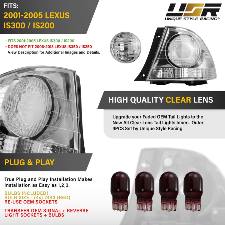 2001-2005 Lexus IS300/IS200 All Clear Lens 4 Piece Tail Lights
#light-source_incandescent