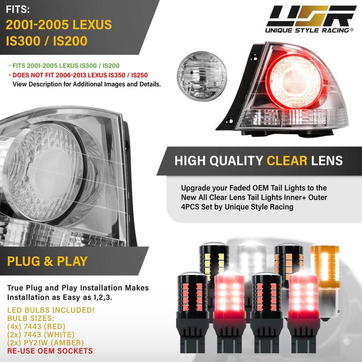 2001-2005 Lexus IS300/IS200 All Clear Lens 4 Piece Tail Lights
#light-source_led