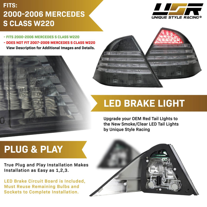 2000-2006 Mercedes S Class W220 Red / Clear or Smoke Lens LED Tail Light
#lens-color_smoke-lens