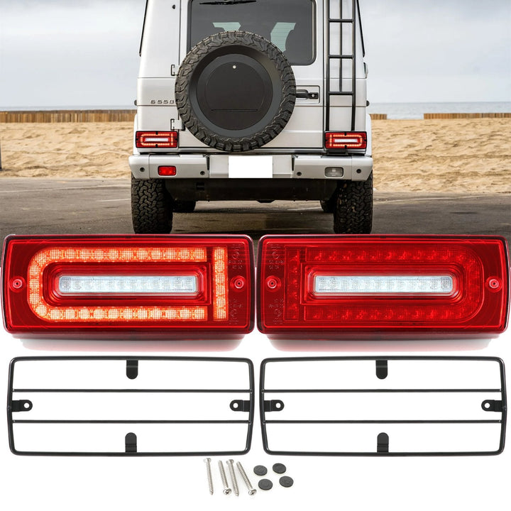2007 - 2018 Mercedes W463 G Class 2019+ W464 OEM Style LED Red/Clear OR Smoke Tail Lights + Tail Light Protection Guard Grills