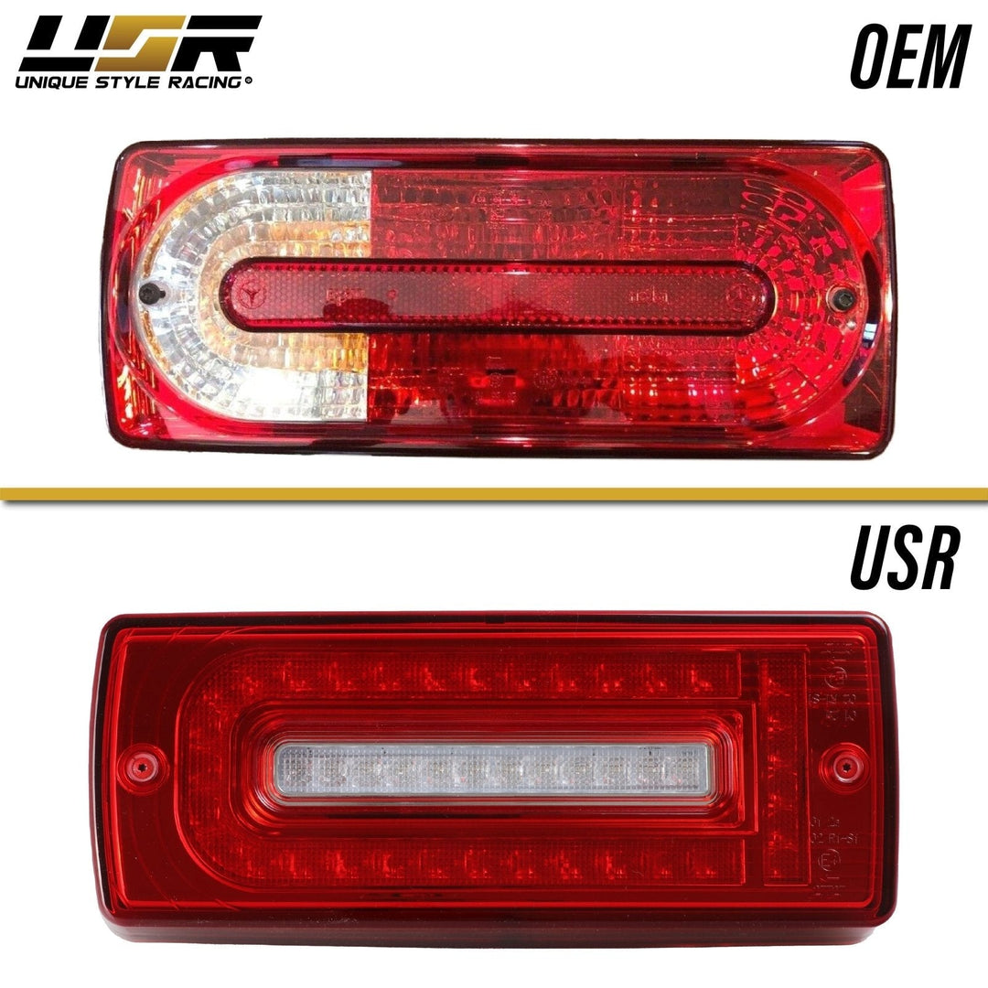 2007 - 2018 Mercedes W463 G Class w/ 2019 + W464 OEM Style LED Light Bar & LED Sequential Turn Signal Red/Clear or Smoke Lens Tail Light
#lens-color_red-clear-lens