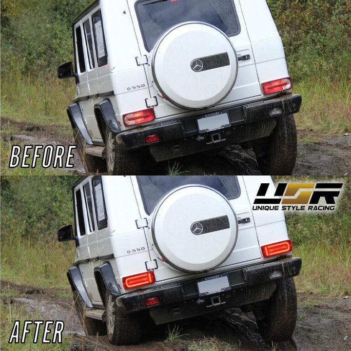 2007 - 2018 Mercedes W463 G Class 2019+ W464 OEM Style LED Red/Clear OR Smoke Tail Lights + Tail Light Protection Guard Grills