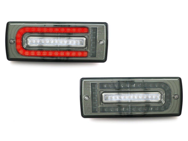2007 - 2018 Mercedes W463 G Class 2019+ W464 OEM Style LED Red/Clear OR Smoke Tail Lights + Tail Light Protection Guard Grills