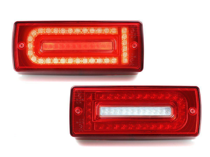 2007 - 2018 Mercedes W463 G Class 2019+ W464 OEM Style LED Red/Clear OR Smoke Tail Lights + Tail Light Protection Guard Grills