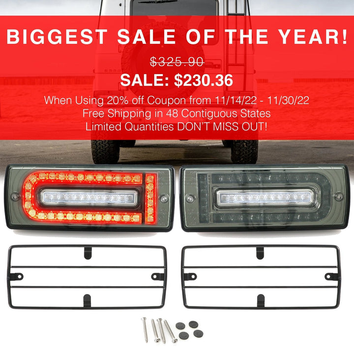 2007 - 2018 Mercedes W463 G Class 2019+ W464 OEM Style LED Red/Clear OR Smoke Tail Lights + Tail Light Protection Guard Grills