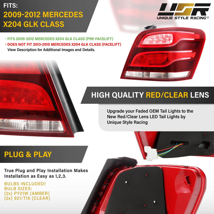 2009 - 2012 Mercedes X204 GLK Class Facelift Style Red / Clear Lens LED Tail Lights