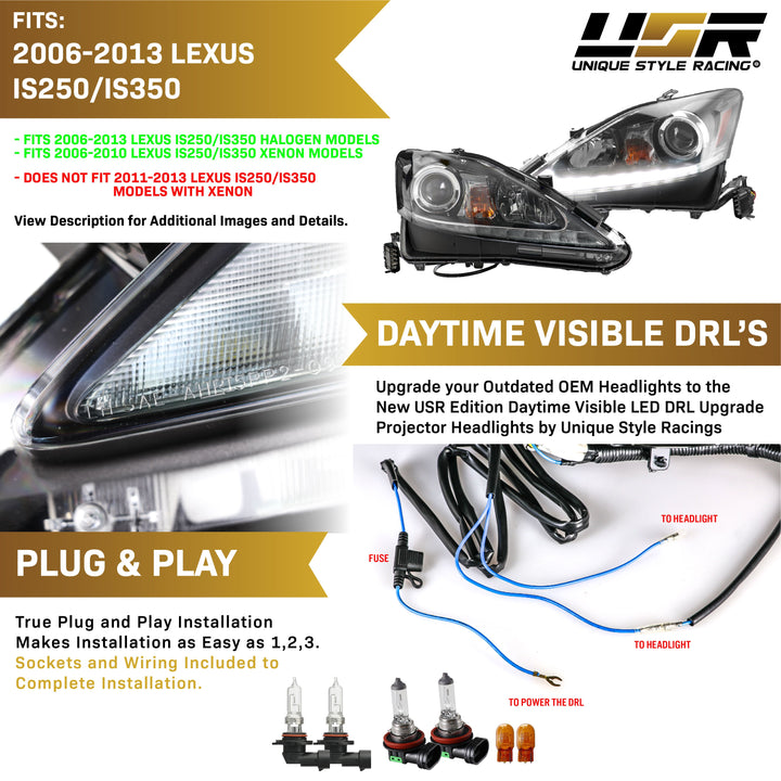 2006-2013 Lexus IS250 IS350 ISF USR Edition Daytime Visible DRL LED Check Mark Black Projector Headlight Made by DEPO