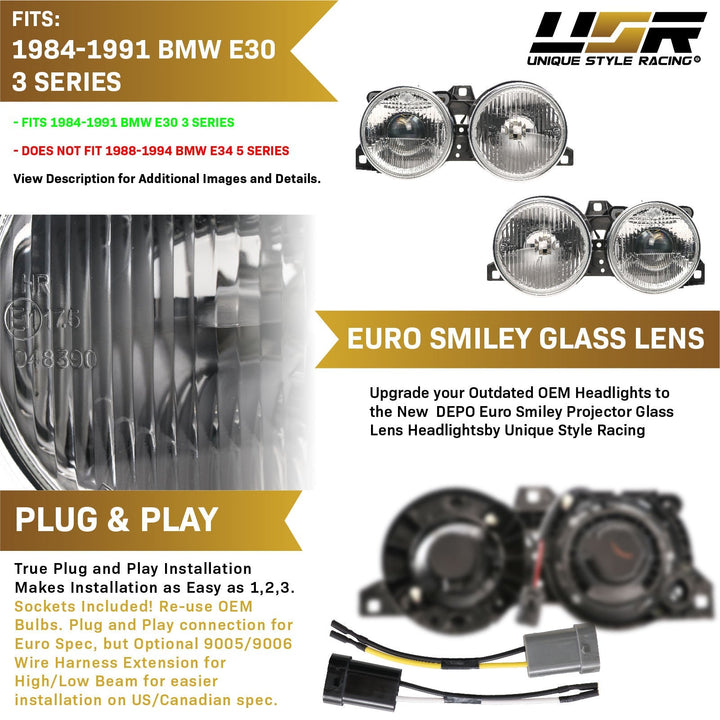 1984-1991 BMW E30 3 Series Euro Smiley Projector Glass Lens Headlights - Made by DEPO