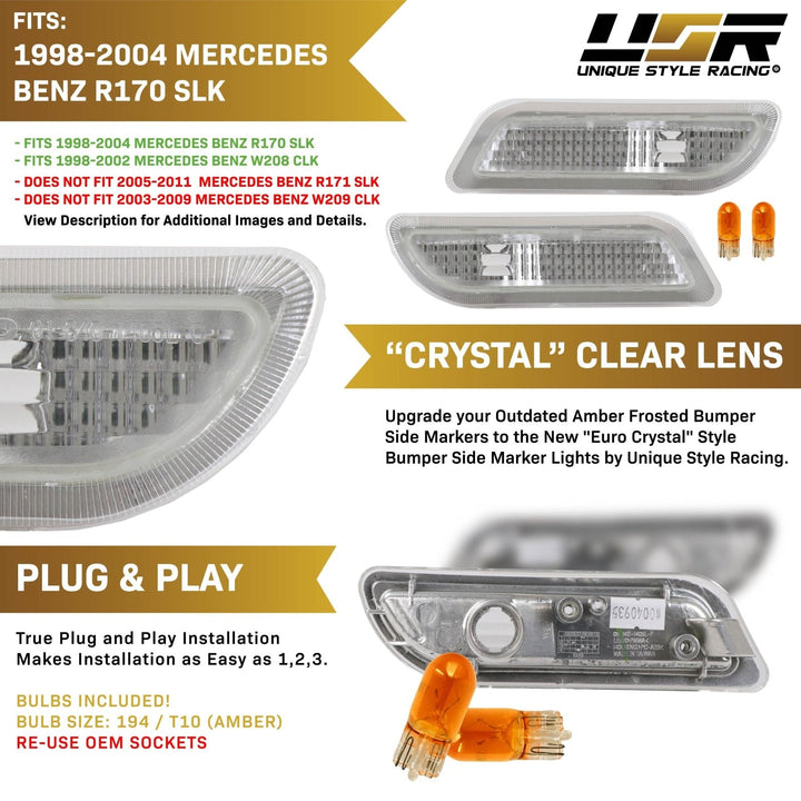 1998 - 2004 Mercedes SLK Class R170 Clear or Smoke Front Bumper Side Marker Light