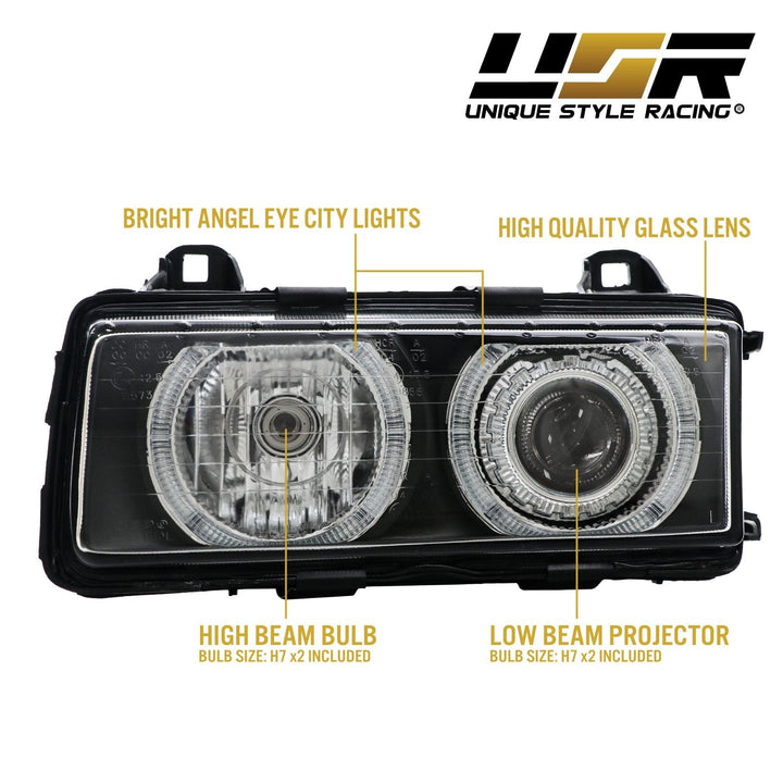 1992-1999 BMW E36 3 Series P36 Projector Angel Eye GLASS Lens Headlight Optional UHP LED Halo Rings