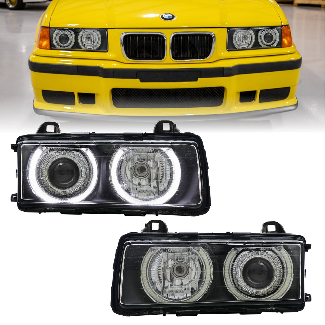 1992-1999 BMW E36 3 Series DEPO P36 Projector Angel Eye GLASS Lens Headlight Optional UHP LED Halo Rings