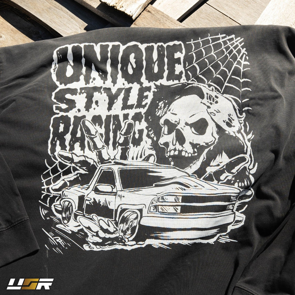 Halloween Merch Merchandise Skeleton Grim Reaper OBS Chevrolet CK Pickup Stepside step side Gradient Long sleeve Vintage Retro Loose Fit Baggy Street Wear Streetwear Skater Skate Grunge 90s 1990s 1990 cars automotive fuel car truck pick up

#color_black